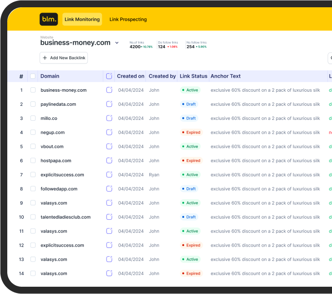 Backlink dashboard